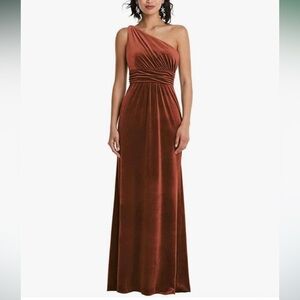 One shoulder velvet evening gown. Size 6. Burnt orange.